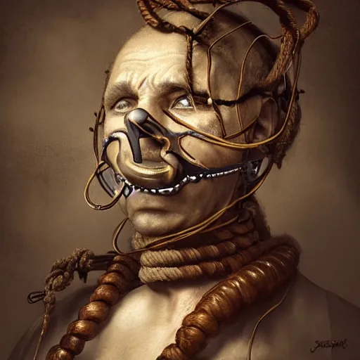 Image similar to portrait of a Shibari rope wrapped around the face and neck of an old cyborg merchant, mouth wired shut, headshot, insanely nice professional hair style, dramatic hair color, digital painting, of a old 17th century, amber jewels, baroque, ornate clothing, scifi, realistic, hyper detailed, chiaroscuro, concept art, art by Franz Hals and Jon Foster and Ayami Kojima and Amano and Karol Bak,