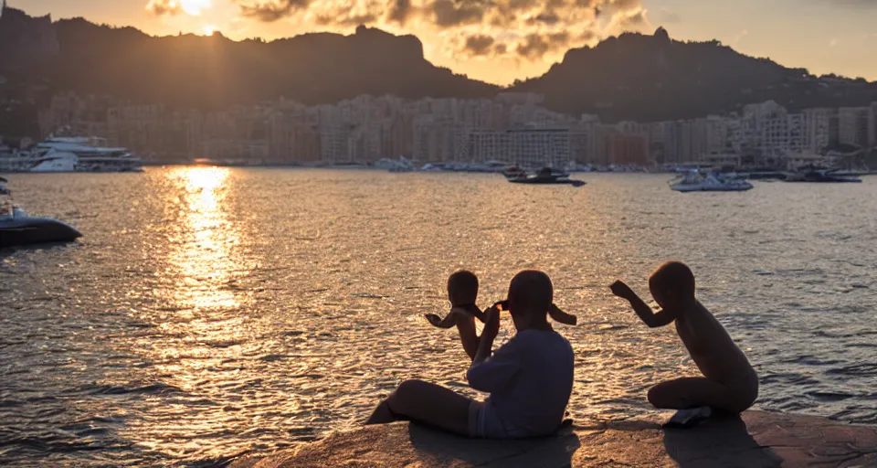 Prompt: mother feeding child, Monaco, sunrise, 4K