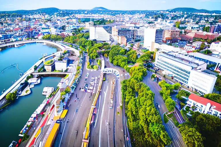 Image similar to bird's eye view photography of a small city. town hall, central farm, monorail station, beach and harbor. hills, woods and lake to the north.