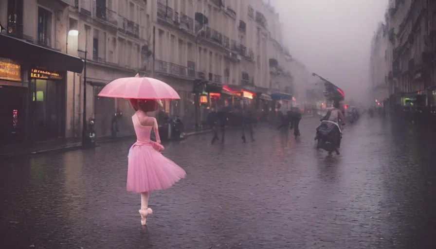Prompt: street of paris photography, night, rain, mist, only one prima ballerina dancing, a pink umbrella, cinestill 8 0 0 t, in the style of william eggleston