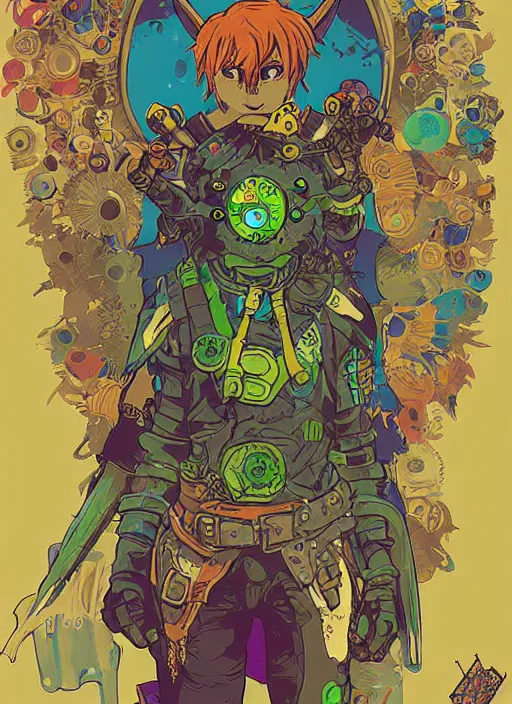 Image similar to biopunk majoras mask link from zelda!! portrait illustration, pop art, splash painting, art by geof darrow, ashley wood, alphonse mucha, makoto shinkai