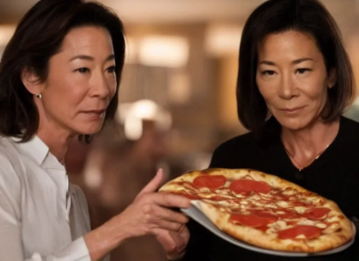 Image similar to a movie still of michelle yeoh's pizza fingers caressing jamie lee curtis's face from the movie everything, everywhere, all at once