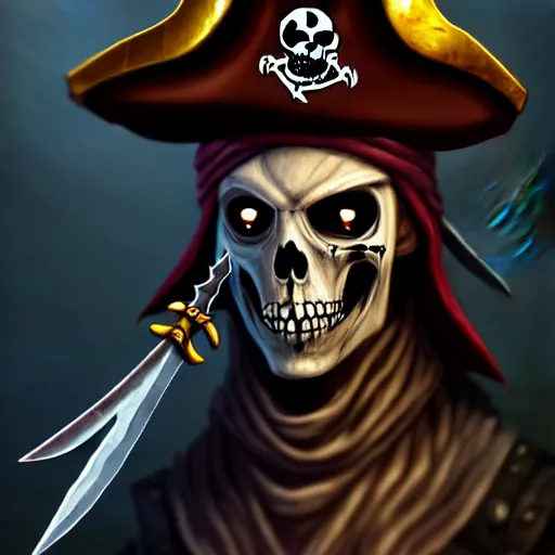 Image similar to Undead pirate captain wielding a sandstone rapier and sandstone dagger, weapons made of sandstone, he wears a hat with an impressive feather and with a brutal scar across his scarred neck, DnD character art portrait, Dark magic, necromancy, dark lighting, flux. High fantasy, digital painting, HD, 4k