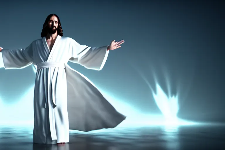 Image similar to jesus christ wearing a white robe strikes a dance pose in the apocalypse, intricate, hyper detailed, accent lighting, dramatic light, 4 k octane render