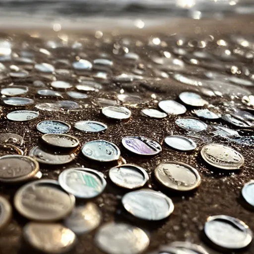 Prompt: a Sea made of shiny coins and dollars, waves of coins washing at the beach, 4k, high resolution, beatiful landscale