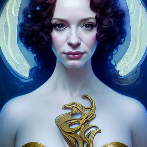 Prompt: christina hendricks wearing a white periwinkle, sci fi, glowing eyes, volumetric lights, gold theme, art nouveau botanicals, intricate, highly detailed, digital painting, artstation, concept art, smooth, sharp focus, cinematic, illustration, beautiful face, art by artgerm and greg rutkowski and alphonse mucha