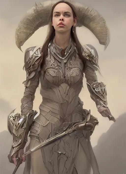 Image similar to a professional portrait of a beautiful young female, clothed in ethereal battle armor, olive skin, long dark hair, beautiful bone structure, symmetrical facial features, intricate, elegant, digital painting, concept art, smooth, sharp focus, finely detailed, illustration, from Valerian and the City of a Thousand Planets, in the style of Ruan Jia and Mandy Jurgens and Artgerm and Greg Rutkowski and William-Adolphe Bouguerea