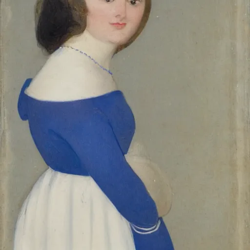 Image similar to young brunette woman with hooknose wearing blue circle and white dress