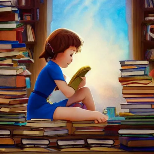 Image similar to a little girl with short wavy brown hair and blue eyes sits cross legged on top of a pile of books reading a book in a still from a disney movie. beautiful disney cartoon character art, high quality, detailed face