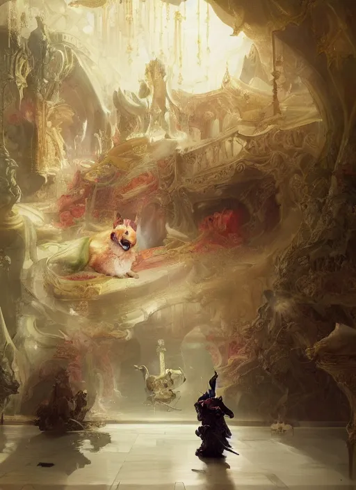 Prompt: beautiful fantasy painting of corgi god chilling in palace, by Ruan Jia, Pascal Blanche, Jake Parker. Trending on Artstation, 8k, masterpiece, graffiti paint, fine detail, full of color, intricate detail