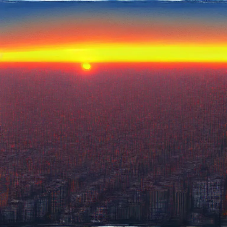 Image similar to birdseye view of a sunrise over a city, art by wain louis