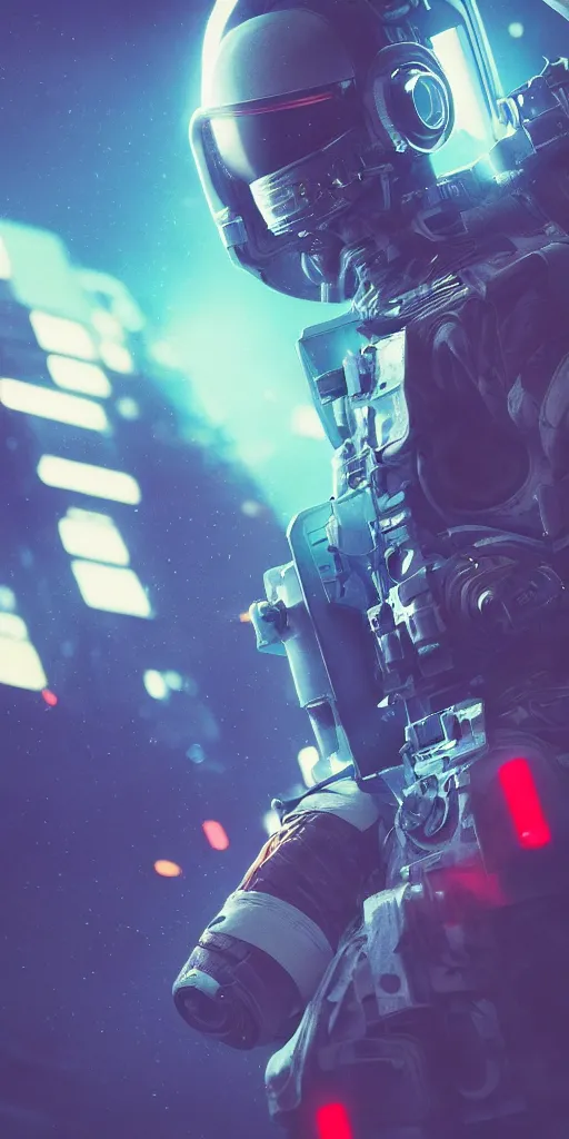 Image similar to professional photo of astronaut from front standing very close to camera from low angle shot, cyberpunk, synthwave, blade runner, hyperrealistic masterpiece, trending on artstation, cgsociety, kodakchrome, golden ratio, cinematic, composition, beautiful lighting, hyper detailed, sharp focus, octane render, 4 k, unreal engine