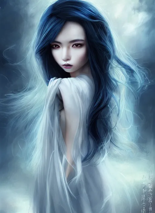 Image similar to a beautiful woman gheisa, 8 k, hyperrealistic, asian hyperdetailed, beautiful face, long blue hair windy, dark fantasy, white skin porcelain, fantasy portrait by laura sava