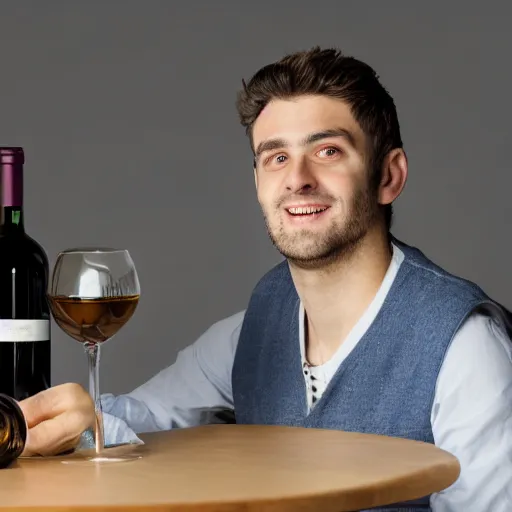Prompt: portrait of a 3 0 years old frenchman in 2 0 2 0 seated at a table with a bottle of wine. award winning photography, 5 0 mm, studio lighting.