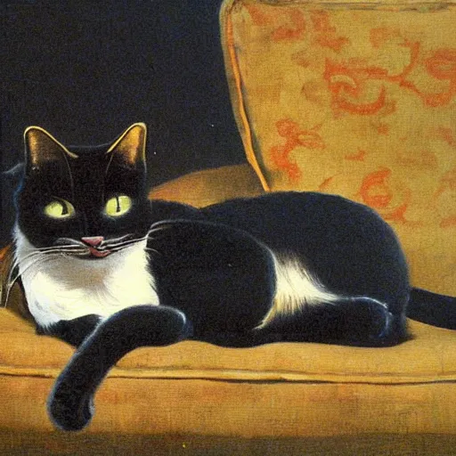 Prompt: detailed oil painting of a cat resting on a couch, 1 9 th century, by mirai mizu, by ralph bakshi, by caravaggio, by georgia o keeffe