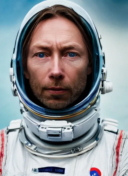 Image similar to calm thom yorke singer songwriter frontman, in spacesuit filling up with water, ultrafine detail, hyper realistic face, beautiful blue eyes, black spherical pupils, eyes reflecting into eyes reflecting into infinity, eyes reflecting into eyes reflecting into infinity