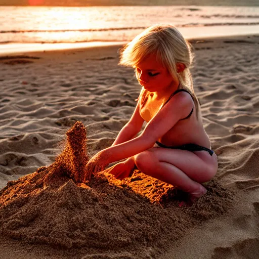 Image similar to little blond girl, making a sandcastle!!! on an Australian Beach, (((red)))!!! sand, shovel, waves, golden hour, Canon EOS R3, f/1.4, ISO 200, 1/160s, 8K, RAW, unedited, symmetrical balance, in-frame