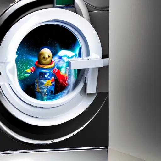 Image similar to Photograph of a terrified toy astronaut being washed in a washing machine. 8k resolution.