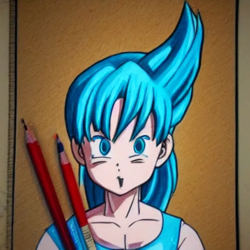 Image similar to hyper realistic drawing of bulma from dragonball z.