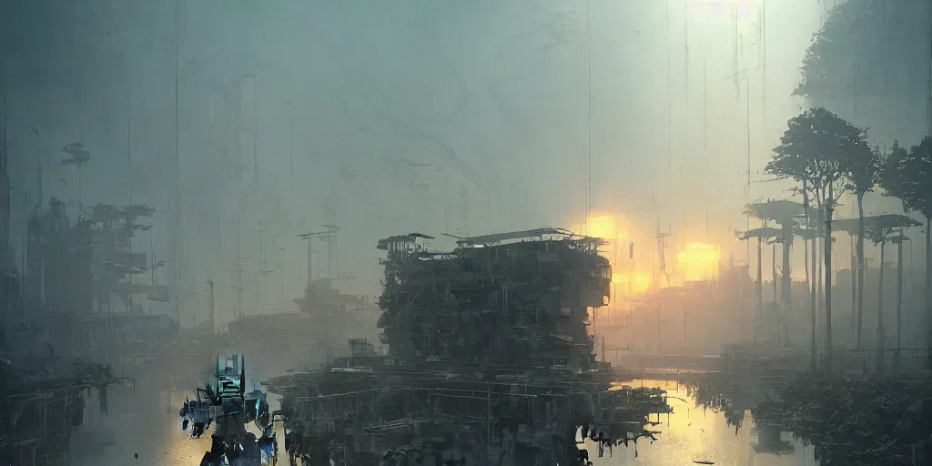 Image similar to bright render of huge mecha, by Ian McQue, Rutkowski, lee madgwick and hubert robert, concrete building by le corbusier on the background, puddles of water, trees and bushes, blade runner style, neon glow, vivid color, moody lighting, unreal engine, sunrise, epic skies, foggy