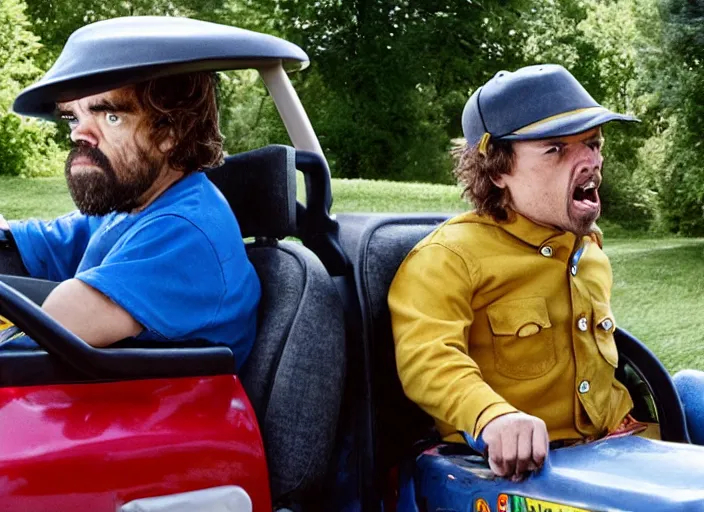 Prompt: peter dinklage and buert reynolds driving a little tikes cozy coupe, movie still, from the new smokey and the bandit movie, 8 k, realistic