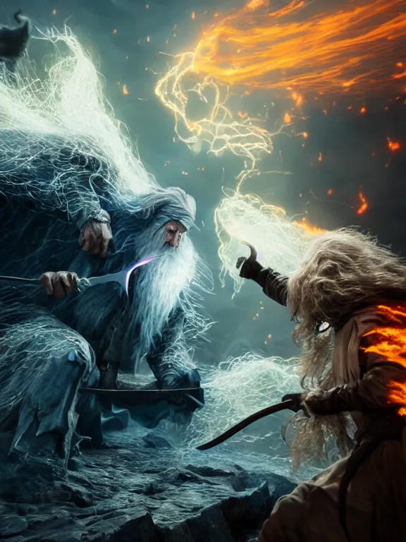 Prompt: photo of 8k ultra realistic Gandalf fighting the balrog, full of colour, cinematic lighting, battered, trending on artstation, 4k, hyperrealistic, focused, extreme details,unreal engine 5, cinematic, masterpiece, art by studio ghibli