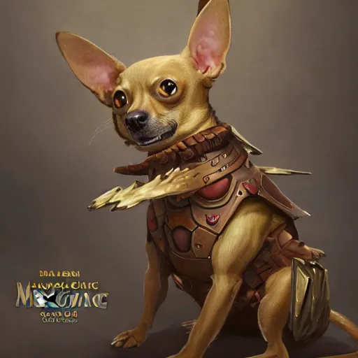 Image similar to tan coloured chihuahua Dog, battle armour, Anthropomorphized, casting epic spell, magic the gathering artwork, D&D, fantasy, cinematic lighting, centered, symmetrical, highly detailed, digital painting, artstation, concept art, smooth, sharp focus, illustration, volumetric lighting, epic Composition, 8k, art by Akihiko Yoshida and Greg Rutkowski and Craig Mullins, heroic pose, oil painting, cgsociety, magic lab background