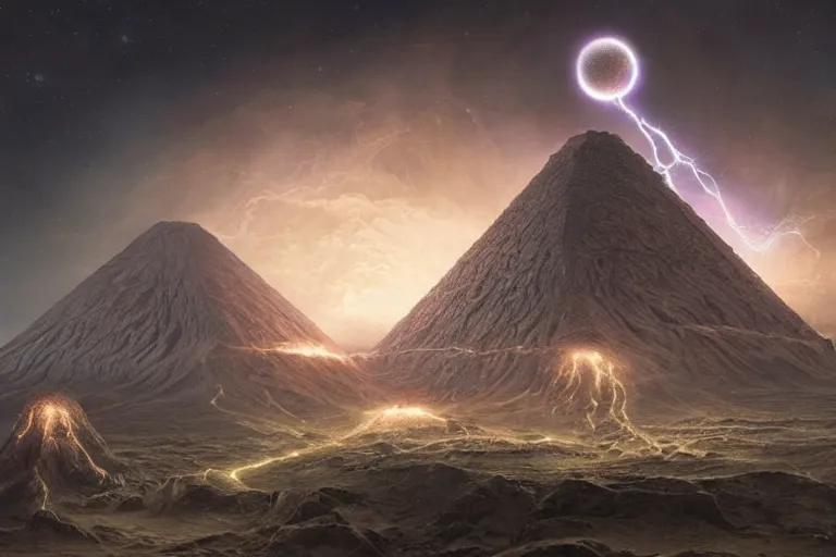 Prompt: the primordial chaos maelstrom, giant looming Aztec pyramids with moons and planets behind lightning arcs from clouds of pyroclastic flow, volcanoes and a single cosmic Yggdrasil bonsai tree by Jessica Rossier and HR Giger