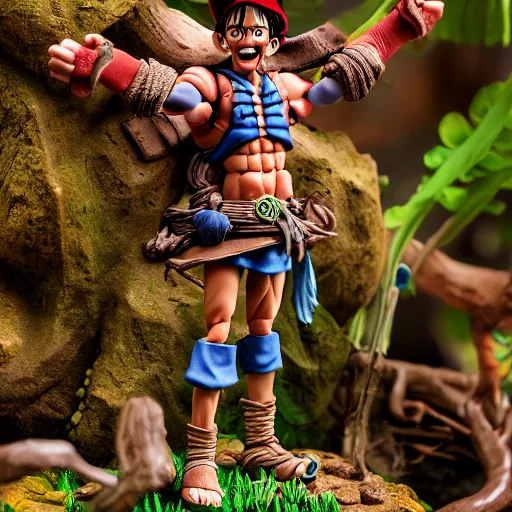 Prompt: high - res photograph of a claymation sculpture action figure warrior luffy, highly detailed sculpey diorama, forest setting, waterfall backdrop, smooth, sharp foccus, commercial product photography,