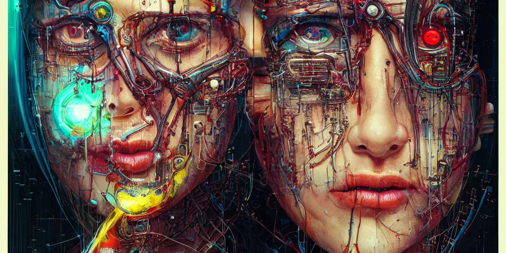 Image similar to portrait of computer & circuits, melting, 8 k, by tristan eaton, stanley artgermm, tom bagshaw, greg rutkowski, carne griffiths, ayami kojima, beksinski, giger, trending on deviantart, face enhance, hyper detailed, minimalist, cybernetic, android, blade runner, full of colour, super detailed