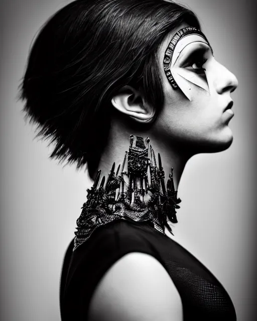 Image similar to a profile portrait, a stunning young woman - crow - cyborg, editorial photography, bw, shot on 7 0 mm, depth of field, f / 2. 8, high contrast, 1 6 k, volumetric lighting, shiny, insanely detailed and intricate, hypermaximalist, elegant, ornate, hyper realistic, super detailed