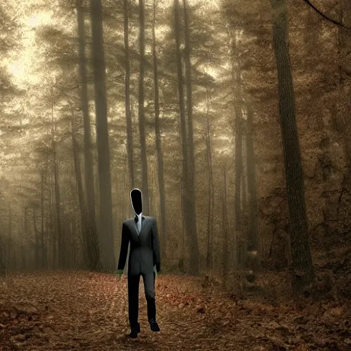 Image similar to slenderman walking with a women throw forest ultrarealistic 8k