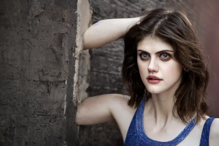 Image similar to closeup portrait Alexandra Daddario in a smoky new york back street, by Steve McCurry and David Lazar, natural light, detailed face, CANON Eos C300, ƒ1.8, 35mm, 8K, medium-format print