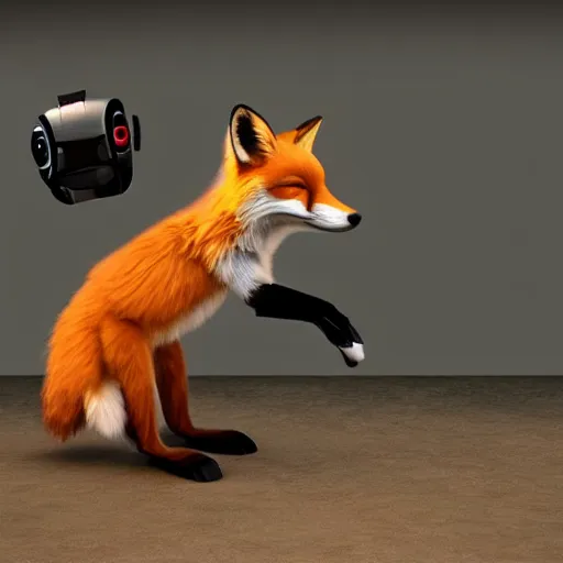 Image similar to a fox toying around a robot, photorealistic, 4k