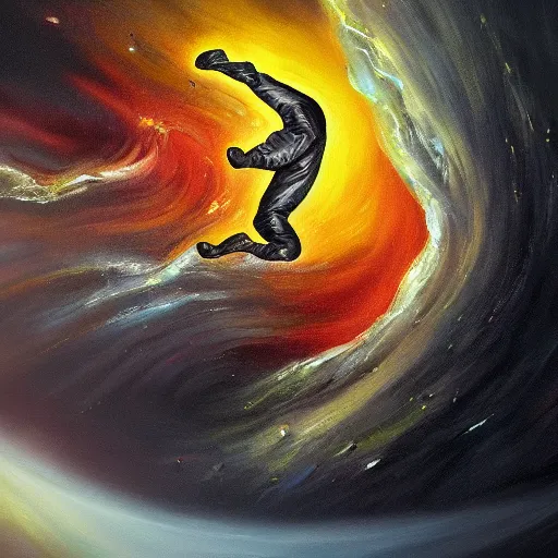 Image similar to man falling in a black hole, oil painting, pale colors, high detail, 8 k, wide angle, trending on artstation,