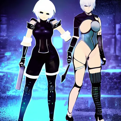 Image similar to 2B from Nier Automata as a cyber punk android fighting A2 as a Viking warrior princess that was frozen in time