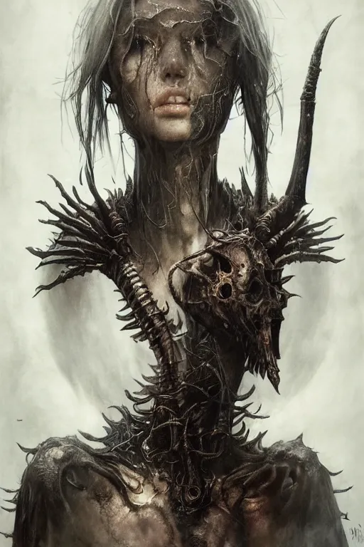 Image similar to portrait of hannah murray by hr giger, greg rutkowski, luis royo and wayne barlowe as a diablo, resident evil, dark souls, bloodborne monster