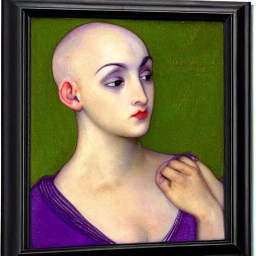 Prompt: bald young female with purple skin by Rossetti