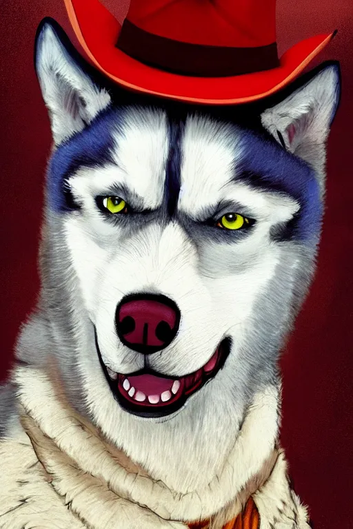 Image similar to a portrait painting of a husky in cowboy costume, wearing a cowboy hat, by [ studio ghibli ], [ western film ], [ red dead ], trending on artstation