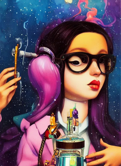 Prompt: beautiful portrait painting of a cute lofi cyberpunk corgi smoking cannabis out of a bong, by Afarin Sajedi, Alessandro Barbucci, Alex Gross, Shin Jeongho, Shohei Otomo. trending on Artstation, 8k, masterpiece, face enhance, graffiti paint, fine detail, full of color, intricate detail, golden ratio illustration