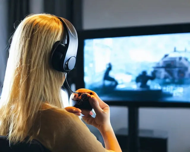 Image similar to view from behind of a cute beautiful blonde woman wearing headset playing game, holding controller, watching television displaying call of duty, intricate detail, cinematic composition