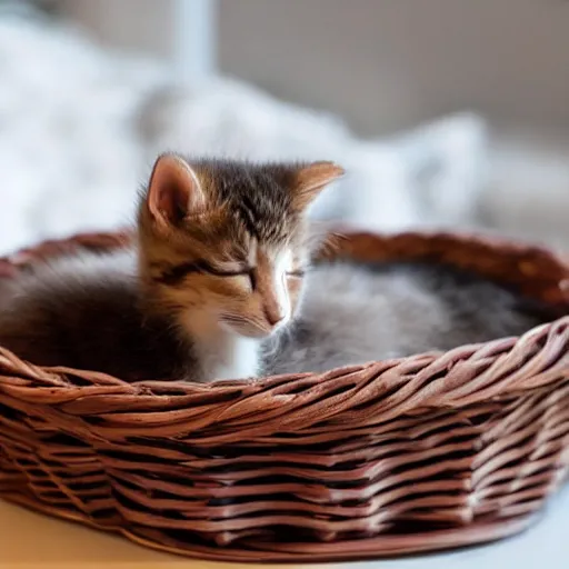 Image similar to two kittens sleeping in a basket, happy, cute