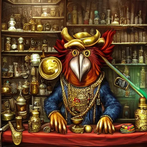 Prompt: Anthropomorphized parrot trader in his shop, selling his wares, portrait, items, gold, magic potions, carpet, window, fancy hat, sly expression , cunning expression, cute expression, long thick shiny gold beak, presenting wares, holding a gold bag, D&D, fantasy, cinematic lighting, highly detailed, digital painting, artstation, concept art, smooth, sharp focus, illustration, warm light, cozy warm tint, magic the gathering artwork, volumetric lighting, 8k, art by Akihiko Yoshida, Greg Rutkowski