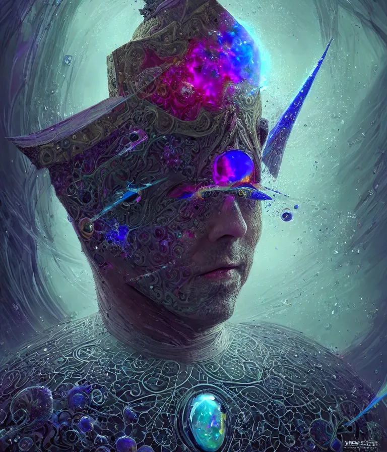 Image similar to front!!! shot of a court jester!!! character, mesmerizing fractal hypercubes, dark holography!!!, future, oil slick nebula, crystalline edges, (((intricate))), elegant, highly detailed, centered, (((artstation, concept art, smooth, sharp focus, artgerm, Tomasz Alen Kopera, Peter Mohrbacher, donato giancola, Joseph Christian Leyendecker, WLOP, Boris Vallejo))), ((raytracing)), mugshot!!!!!, ugly!!!!!!, octane render, nvidia raytracing demo, octane render, nvidia raytracing demo, octane render, nvidia raytracing demo, grainy, muted, 8K, digitalblasphemy, metatron