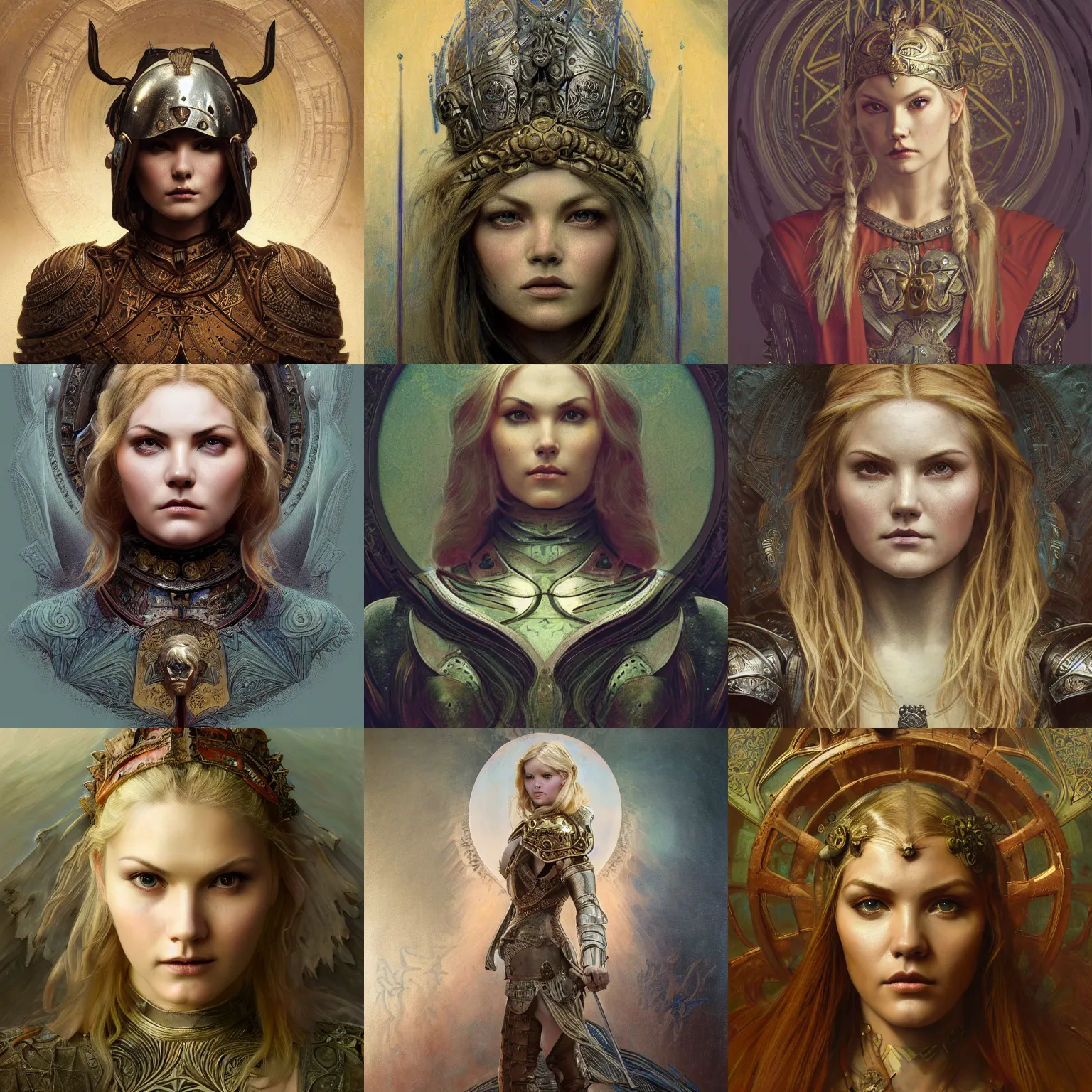 Prompt: masterpiece head-on symmetrical centered portrait, Elisha Cuthbert as a warrior, medieval era, blonde hair, full steel armour, art nouveau, gothic, elegant, distant, in the style of Edgar Maxence and Ross Tran and Zdzisław Beksiński and Michael Whelan and Mucha and Gustave Doré, specular highlights, 8k, octane render