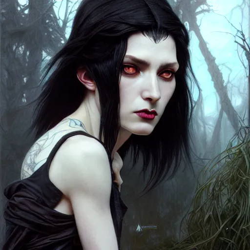 Prompt: portrait painting of an androgynous witch with shoulder length flowing black hair pale skin and beautiful dark brown eyes wearing a punk clothes, ultra realistic, concept art, intricate details, eerie, highly detailed, photorealistic, octane render, 8 k, unreal engine. art by artgerm and greg rutkowski and magali villeneuve and alphonse mucha