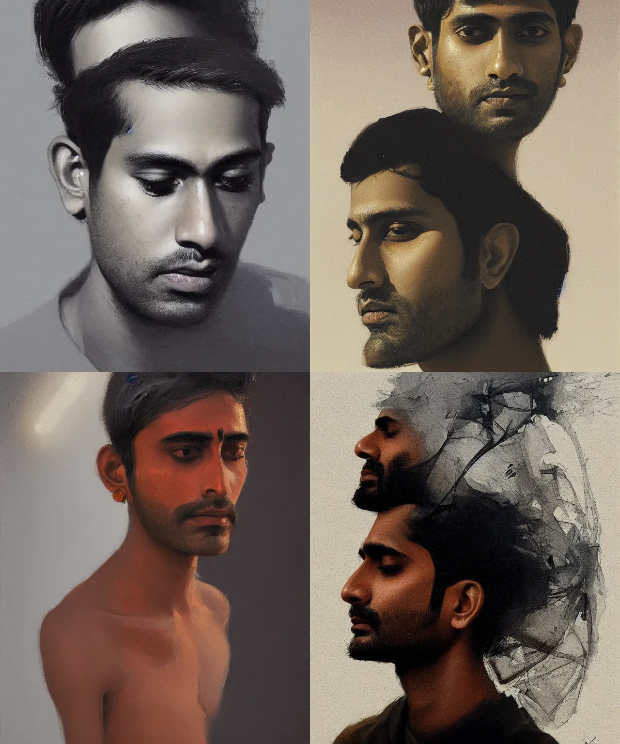 Prompt: a beautiful portrait of a 2 5 years old spaced out indian stoner boy, 1 9 9 0 s, head and upper body only, by laszlo moholy - nagy, by greg rutkowski, oil on canvas, trending on artstation, masterpiece, brilliant cold lighting, detailed, 8 k