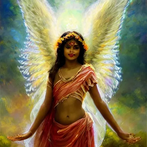Prompt: Sri lankan girl as a winged angel covered in eyes with glowing halo, iridescent, seraphim, art by Daniel F. Gerhartz,