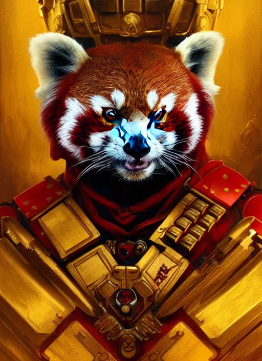 Image similar to red panda as warhammer 4 0 k emperor, gold, portrait, intricate, elegant, highly detailed, digital painting, artstation, concept art, wallpaper, smooth, sharp focus, illustration, art by h. r. giger and artgerm and greg rutkowski and alphonse mucha