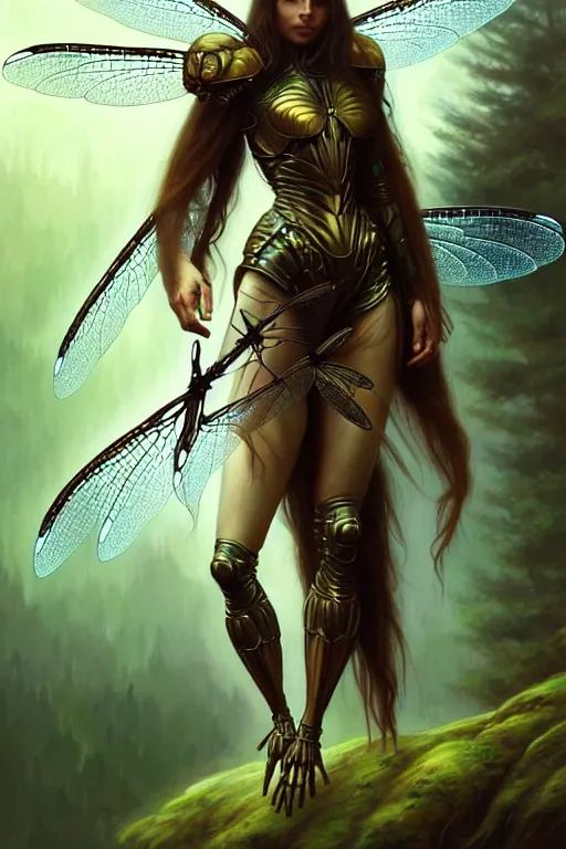 Prompt: photo of a humanoid dragonfly hybrid were a heroic dress an armour with dragonfly wings in the forest, long hair, highly detailed, digital painting, artstation, smooth, sharp focus, illustration, art by artgerm and greg rutkowski and alphonse mucha